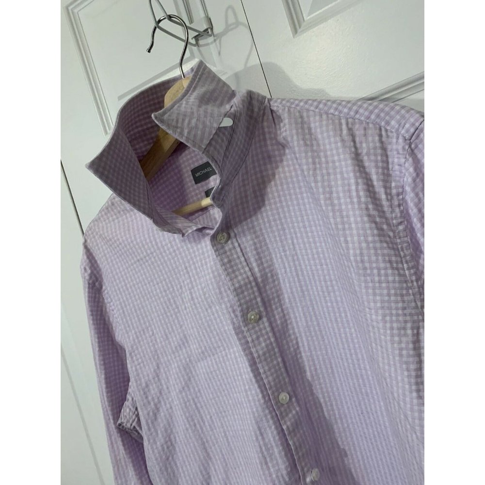 Michael Kors Purple White Men’s Sz L Cotton Mirco-Check Plaid‎ Dress Shirt